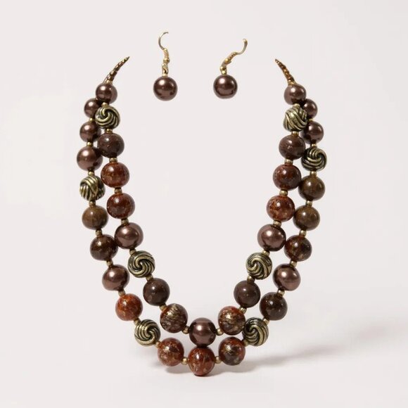 Two Layers Multi brown Glass Shimmery beads Gold tone Bead Necklace Earring - Picture 1 of 2